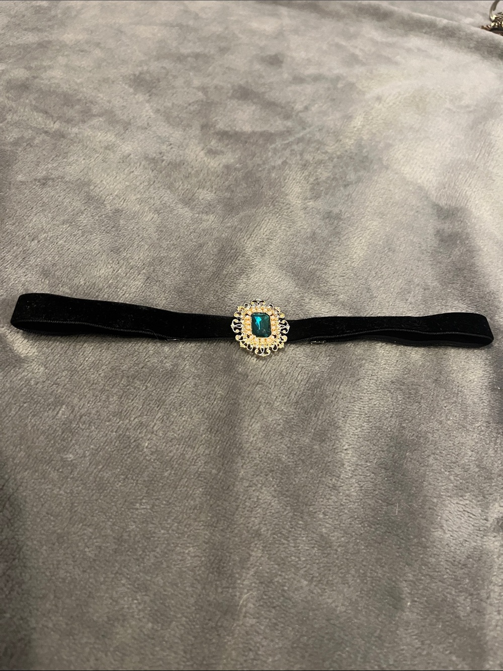 Claire's Black Velvet Choker with Teal Gem and Gold Accent
